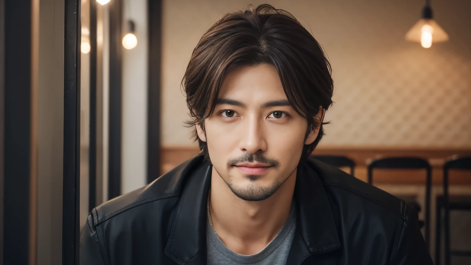 musician、Refreshingly handsome man in his 40s、(Super cool S-class boys)、Japanese male, 40 years old、、Photographed inside the cafe、a handsome guy、(CG Unity 8K high resolution photo)、(Very detailedSA handsome guy in class)、(Photorealistic)、(highest quality))、Very detailed、super high quality、expensive、Audience、kind person、Very beautiful hair Perm Hair、Bright photo、Handsome like a model、Handsome like an idol、looking at the camera、Inside a stylish cafe、Stubble