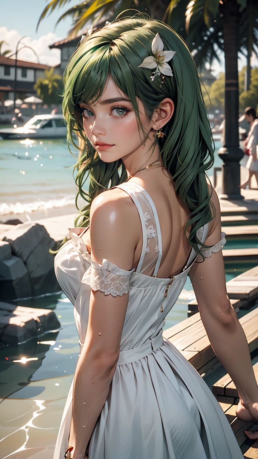One girl, alone, hair ornaments, Green Hair, Twin tails, Long Hair, dress, water