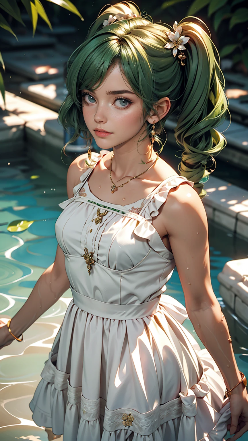 One girl, alone, hair ornaments, Green Hair, Twin tails, Long Hair, dress, water