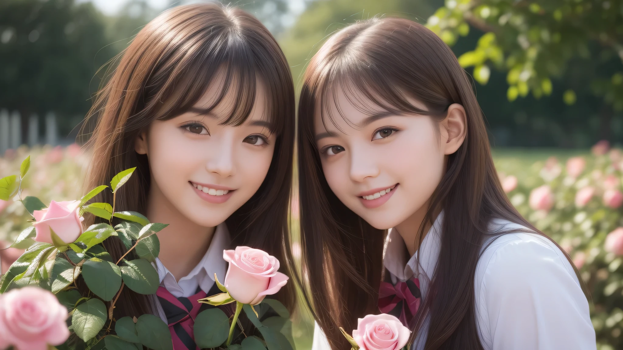 (2girl), bob hair, refreshing smiles, (high school uniform), (Best Quality:1.4), Realistic, extremely detailed CG unified 8k wallpaper, highly detailed, High-definition raw color photos, professional photography, Realistic portrait, Beautiful detailed, (Fine face:1.2), Close up portrait of girl, Outdoors, Beautiful scenery, clear skies, (pink Rose flowers, rose garden, lots of pink roses:1.2)