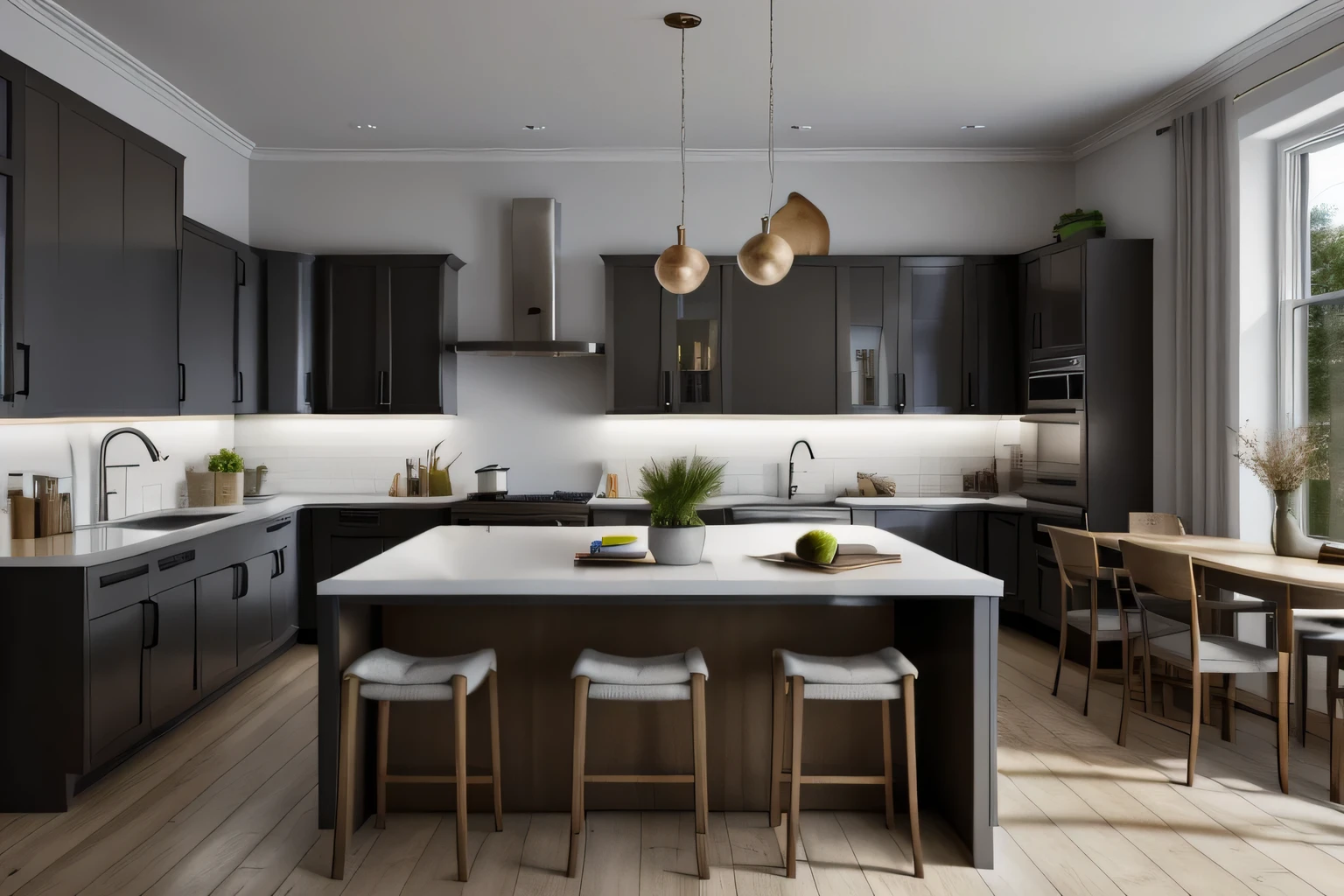 interior, a kitchen with a table and chairs and a wine rack in the middle of the room with a window, Dahlov Ipcar, vray render, a 3D render, photorealism
interior, food, indoors, no humans, window, chair, table, plant, scenery, plate, shelf, kitchen, frying pan, sink, stove
Dive into the ultra-detailed 8k masterpiece, carefully crafted with photorealistic precision of 1.37 ratio, all in the essence of Nayuta Nordic Modern Interior Design. Art form: Photography. Inspired by the techniques of Annie Leibovitz, the kitchen showcases professional lighting, a scenery where the play of radiosity brightens the room. A stove with a frying pan, a gleaming refrigerator beside tiles and cabinet, a sink with a faucet overlooking a tile wall. On the shelf, there's a spatula, a chair nearby with a plant and some food in a jar. Lens: 35mm. The room basks in a warm color temperature. Perfectly illuminated with ray tracing and the best shadows using physically-based rendering 