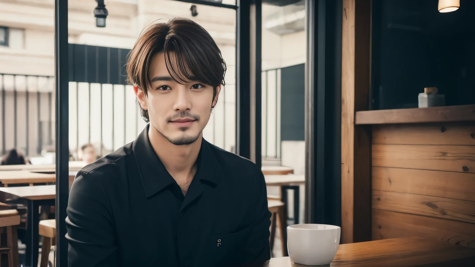 musician、Refreshingly handsome man in his 40s、（Super cool S-class boys）、Japanese male, 40 years old、、Photographed inside the cafe、a handsome guy、（CG Unity 8K high resolution photo）、（Very detailedＳA handsome guy in class）、（Photorealistic）、（highest quality））、Very detailed、super high quality、expensive、Audience、kind person、Very beautiful hair　Perm Hair、Bright photo、Handsome like a model、Handsome like an idol、looking at the camera、Inside a stylish cafe、Stubble