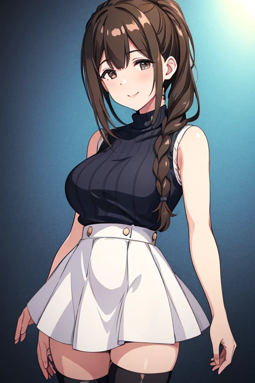 ((highest quality)), ((masterpiece)), (detailed),(One girl), (alone), (Focus on women), Focus on the face,white sleeveless turtleneck (sweater) dress, shiny skin, cowboy shot, standing,seductive smile, make out,POV,zettai ryouiki,zettai ryouki,