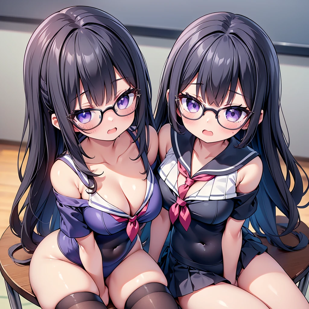 (cute eyes:1.2), (sparkling eyes:1.2), (8K、Best image quality、highest quality、masterpiece)、Detailed face、(2 girls)、Improve、(Black Hair, Purple Eyes, Glasses, long hair)、(open mouth), (embarrassed), (skinny body:1.3),(midium breasts), (off shoulder sailor swimsuit:1.2), (cleavage), (crop top navel), Sit on a chair, Classroom Background, (black stockings:1.1), (Thighs:1.1), (Waistline:1.1),(close-up shot of bust), (from above:1.2)