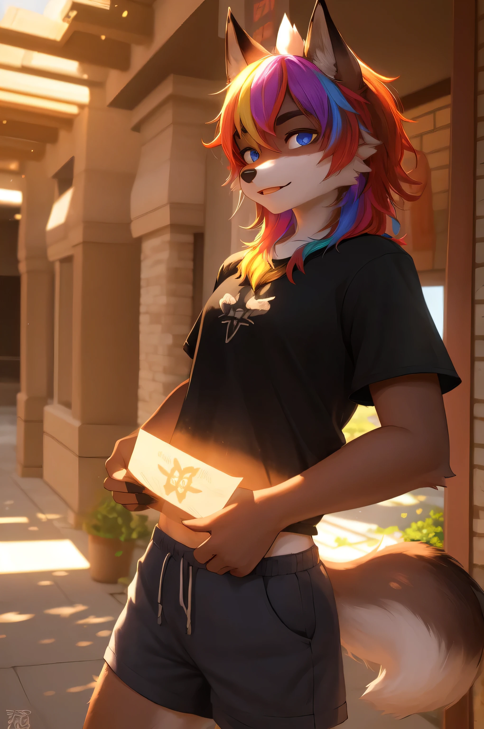 hairy, Black fur, Fox Boy，university student, Colorful element totems on fur, Luminous T-shirt, beautiful light and shadow, Ambient Light, Extremely fine fur, Volumetric Light
