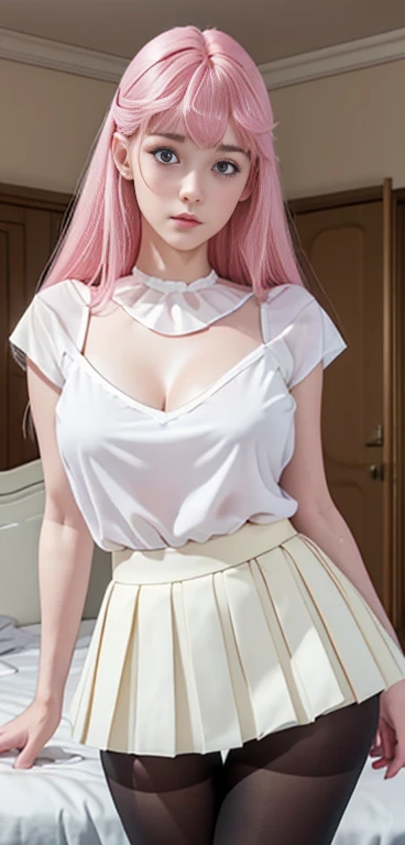 ((Top Quality、16K、masterpiece:1.3))、a tall and beautiful woman、Perfect Figure:1.4、(dream aesthetic) Slim Abs, young natural girl (beautiful) solo, long voluminous pale-pink hair 、messy hairstyle (with hair bangs), turquoise-blue eyes, pale-white skin (highlighted, realistic shading)、natural bust、Highly detailed facial and skin texture、(A detailed eye, Symmetry Eyes, Clear realistic eyes, Double eyelidd、Cold-stricken face、Symmetrical face), very realistic skin, goth makeup, Royal sisters full of fans、The Telegraph Esbian、peach buttocks, white shirt, black skirt, black tights, cleavage, squart、(Raw foto:1.2)、((Photorealcitic:1.4))Top Quality、masterpiece、Real Photography、very delicate and beautiful.、super detailed CG、Unity、8K photo wallpaper、delicate detail、best qualtiy、Highly detailed CG unity 16k wallpaper、absurderes、Incredibly Absurd、huge file size、extremely highly detailed、Hight Resolution、ighly Details、Beautiful detail girl、extremely beautiful eyes and face, cute eyes look、Facial light、cinematic lightings、(Proportional hips, thick thighs, beautiful legs, realistic pantyhose) 1girll、see -through, inside house (bedroom) 、ulzzang-6500、The Telegraph Esbian, different poses at different angles,