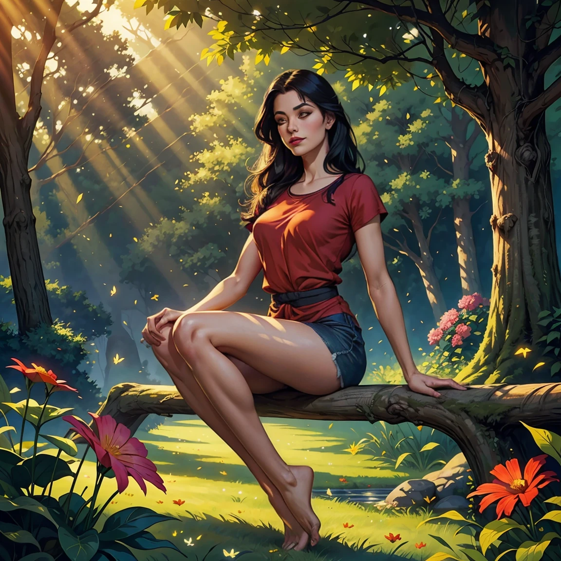 (best quality,realistic,1girl),40 years old,very detailed eyes,very detailed red lips, longblack hair,short,t-shirt,cozy ambience,soft lighting,tranquil ambiance,full body,pleasant garden,butterflies,floating flowers,peaceful atmosphere,lush greenery,serene moment,delicate features,subtle smile,sparrows chirping,relaxed pose,gentle breeze,harmonious colors,natural beauty,dewdrops on leaves,calm expression,serenity and tranquility,sun-kissed glow,whisper of leaves,rays of sunlight filtering through trees,sun-dappled shade,harmony with nature,contemplative mood,sublime tranquility