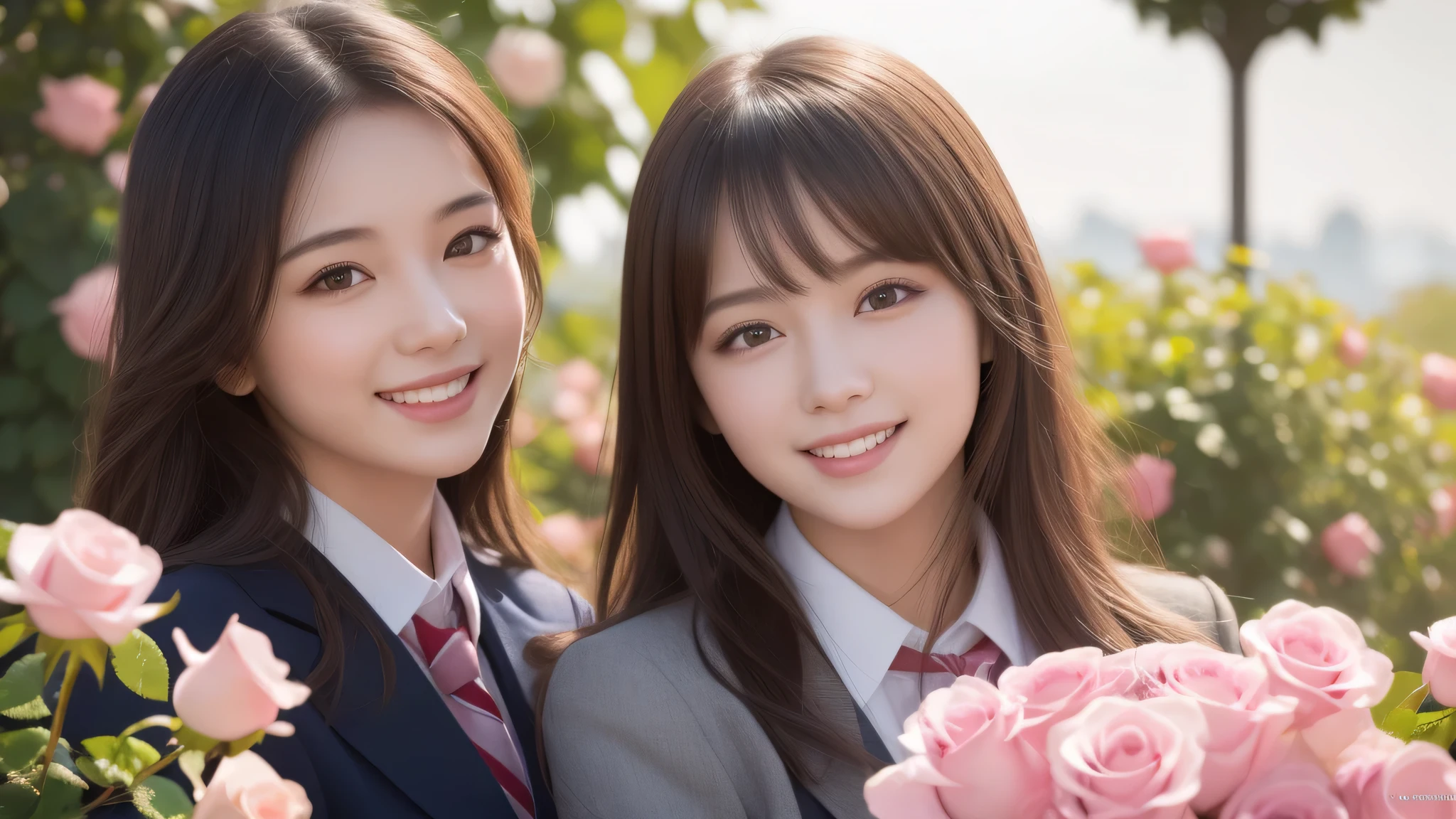 (2girl), bob hair, refreshing smiles, (high school uniform), (Best Quality:1.4), Realistic, extremely detailed CG unified 8k wallpaper, highly detailed, High-definition raw color photos, professional photography, Realistic portrait, Beautiful detailed, (Fine face:1.2), Close up portrait of girl, Outdoors, Beautiful scenery, clear skies, (pink Rose flowers, rose garden, lots of pink roses:1.2)