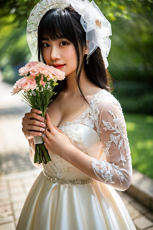 masterpiece:1.2, highest quality), Realistic, (live-action, Intricate details, Depth of written boundary), (One girl, alone), compensate, Lips parted, Very detailed, Perfect Face, (Skin dents), Thick thighs, Wide Hips, Small waist, expensive, Glossy coral lips,, (Girl in wedding dress holding flowers in hand )), sexy, Blushing, Mikasa from AOT