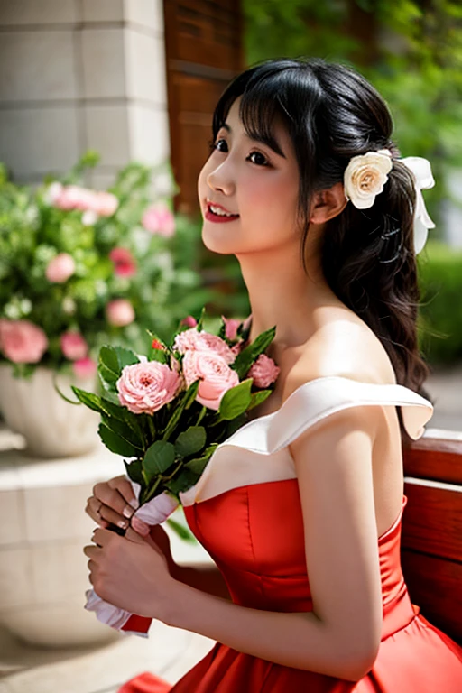 masterpiece:1.2, highest quality), Realistic, (live-action, Intricate details, Depth of written boundary), (One girl, alone), compensate, Lips parted, Very detailed, Perfect Face, (Skin dents), Thick thighs, Wide Hips, Small waist, expensive, Glossy coral lips,, (Girl in wedding dress holding flowers in hand )), sexy, Blushing, Mikasa from AOT