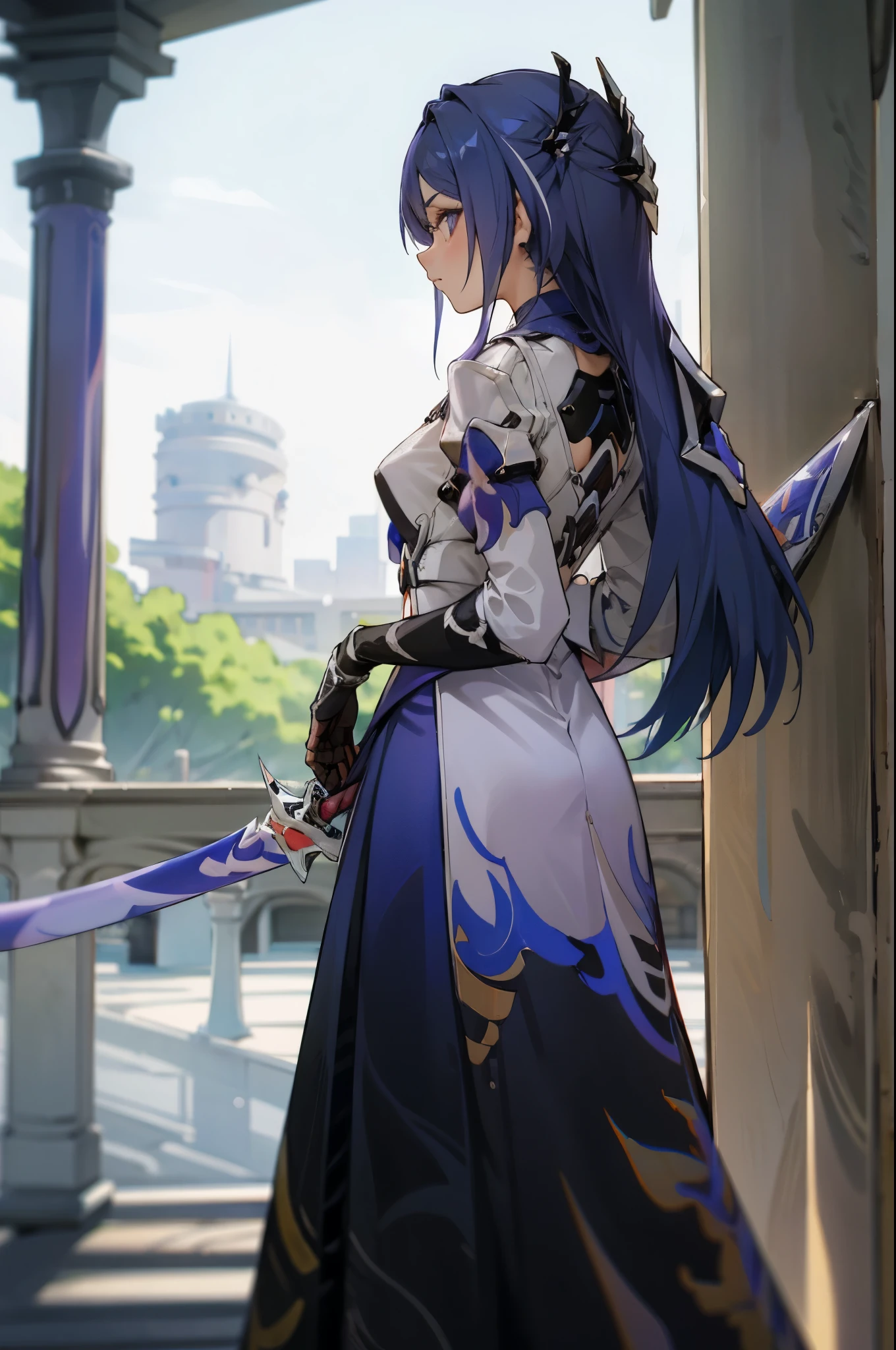 Very detailed, Masterpiece, 1 girl, ((leaning against a wall)), fantasy city, sword on hip, from side, back to wall, sidewalk, dress, long blue hair, white shirt, holding a peach, calm, 