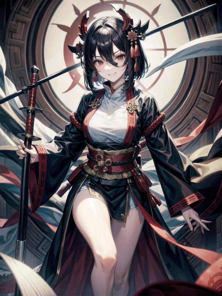 ((in shrine)), red-black costume, holding a sword, Onmyoji, nobushi, Flowing white robe, Ghost fire, Daoism, (put on Mask), absurdres, RAW photo, extremely delicate and beautiful, masterpiece, Best Quality, ultra high resolution, 32k, hyperrealistic, ultra-detailed, detailed description, pale skin, 20 years old, tearful mole, earring, Colossal tits, short medium hair, wavy hair, evil grin, full body shot,