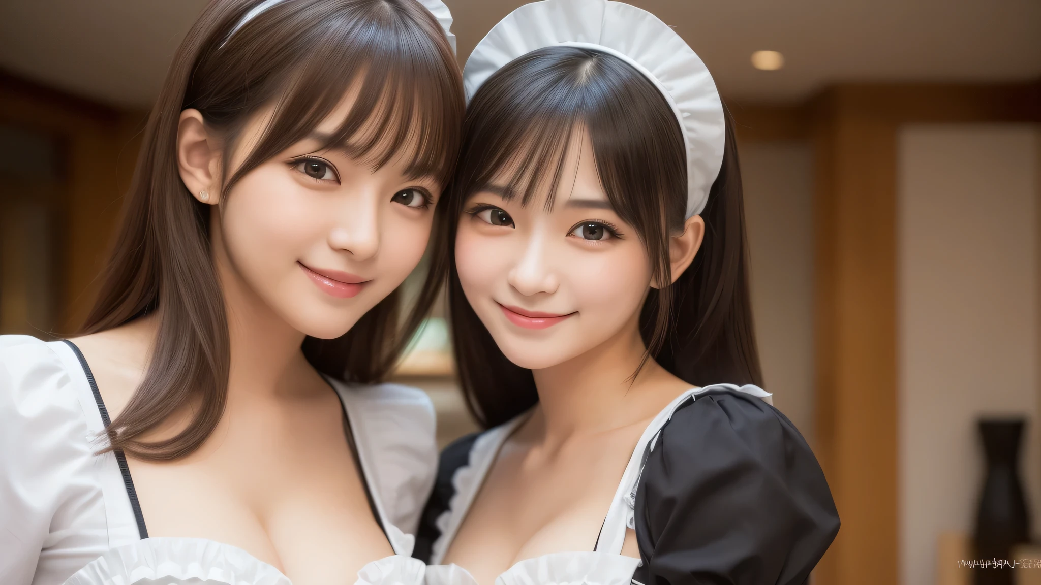 (2girl:1.3), (cute smile:1.2), (extremely detailed beautiful face), (highly detailed eyes, highly detailed face), (maid frill costume:1.2), Fresh, very clean appearance, (best Quality:1.4), (hyper-realistic, hight resolution), Professional Photography, standing, Indoor, (maid cafe), Close up portrait of girl, staring at me, cleavage, (Fine face:1.2), 