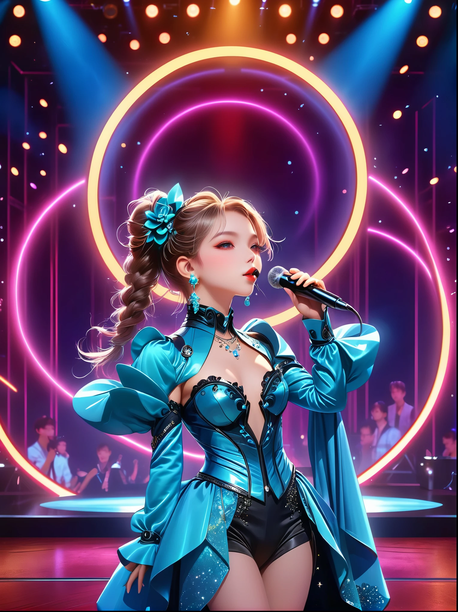 (Vision:1.8)，1girl, concert，(audience:1.5), (Idol stage:1.5)，1 beautiful young female idol, Wearing futuristic costumes, (((microphone)))，(在Idol stage上唱歌:1.6), futuristic stage, (complex stage design:1.3), (Mechanical stage elements:1.5), Dreamy atmosphere, Starry sky background, (lunar backdrop:1.5), shining lights, Neon embellished, The stage is filled with smoke，Lights focus on people，It creates a mysterious and charming atmosphere，Even more attractive against the shadow background，Laser shows and moving stage effects complement the pulsating neon lights，Create a vibrant performance atmosphere，The stage floor is gleaming，The crowd was enthusiastic，Warm atmosphere，Eye-catching stage design，Full of technology，World-class production standards，Bringing a modern entertainment experience，Music and images blend perfectly，Demonstrating artistic expression and musical talent，The charming stage style makes people intoxicated，Best quality，8K, high resolution，masterpiece，Photorealistic effects，(从远处观看Idol stage:1.6)，((Stage scene in telescope))