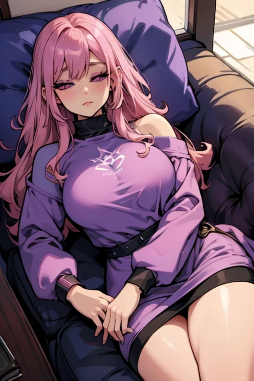 A pink haired woman with violet eyes with an hour glass figure in a sweatshirt dress is  sleeping on a couch