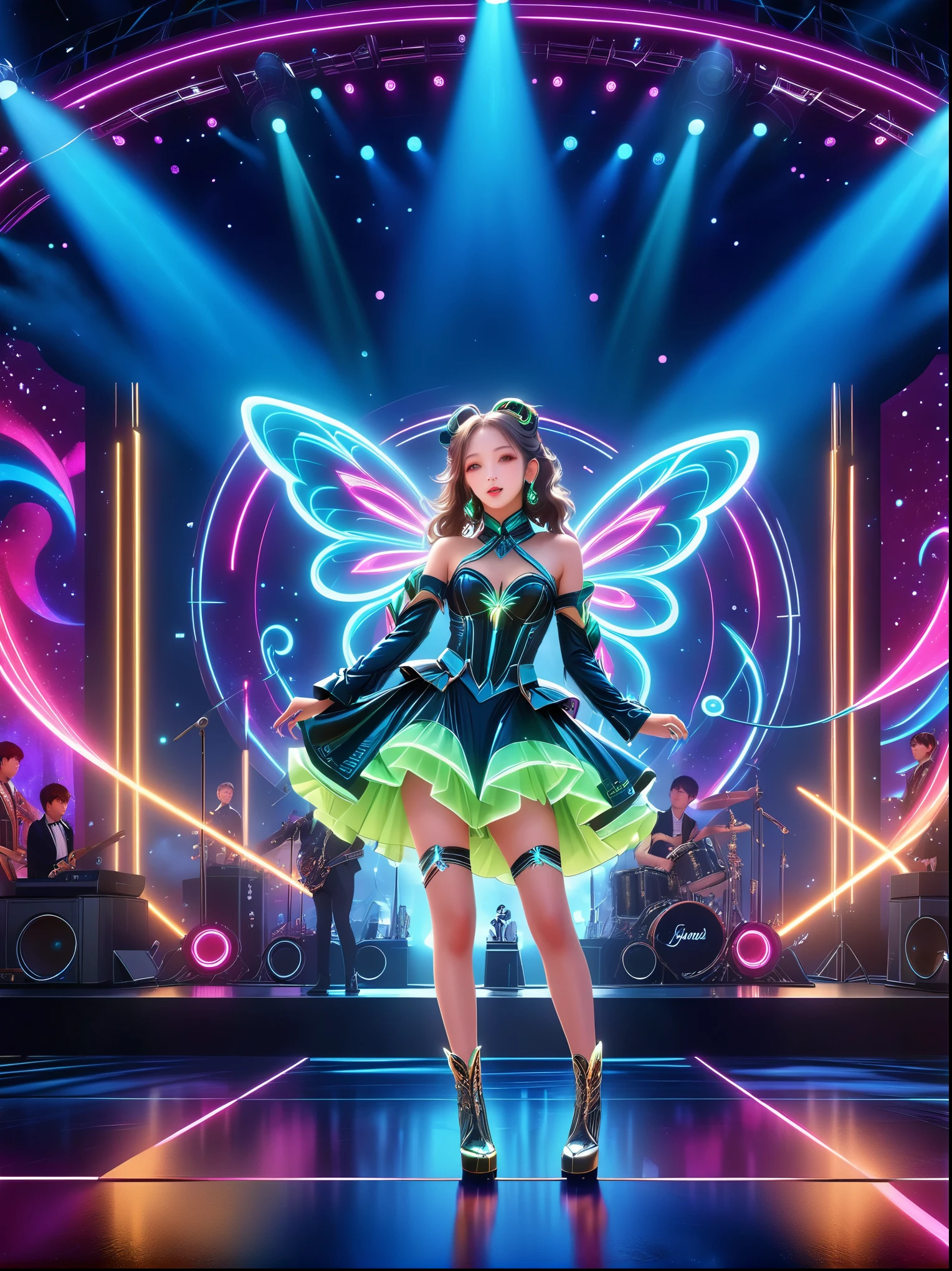 (Vision:1.8)，1girl, concert，(audience:1.5), (Idol stage:1.5)，1 beautiful young female idol, Wearing futuristic costumes, (((microphone)))，(在Idol stage上唱歌:1.6), futuristic stage, (complex stage design:1.3), (Mechanical stage elements:1.5), Dreamy atmosphere, Starry sky background, (lunar backdrop:1.5), shining lights, Neon embellished, The stage is filled with smoke，Lights focus on people，It creates a mysterious and charming atmosphere，Even more attractive against the shadow background，Laser shows and moving stage effects complement the pulsating neon lights，Create a vibrant performance atmosphere，The stage floor is gleaming，The crowd was enthusiastic，Warm atmosphere，Eye-catching stage design，Full of technology，World-class production standards，Bringing a modern entertainment experience，Music and images blend perfectly，Demonstrating artistic expression and musical talent，The charming stage style makes people intoxicated，Best quality，8K, high resolution，masterpiece，Photorealistic effects，(从远处观看Idol stage:1.6)，((Stage scene in telescope))