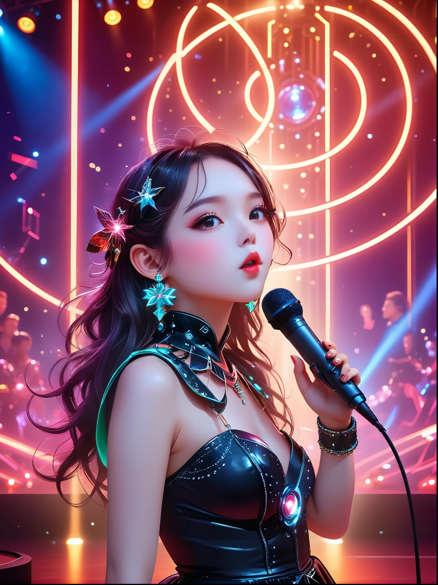 (Vision:1.8)，1girl, concert，(audience:1.5), (Idol stage:1.5)，1 beautiful young female idol, Wearing futuristic costumes, (((microphone)))，(在Idol stage上唱歌:1.6), futuristic stage, (complex stage design:1.3), (Mechanical stage elements:1.5), Dreamy atmosphere, Starry sky background, (lunar backdrop:1.5), shining lights, Neon embellished, The stage is filled with smoke，Lights focus on people，It creates a mysterious and charming atmosphere，Even more attractive against the shadow background，Laser shows and moving stage effects complement the pulsating neon lights，Create a vibrant performance atmosphere，The stage floor is gleaming，The crowd was enthusiastic，Warm atmosphere，Eye-catching stage design，Full of technology，World-class production standards，Bringing a modern entertainment experience，Music and images blend perfectly，Demonstrating artistic expression and musical talent，The charming stage style makes people intoxicated，Best quality，8K, high resolution，masterpiece，Photorealistic effects，(从远处观看Idol stage:1.6)，((Stage scene in telescope))