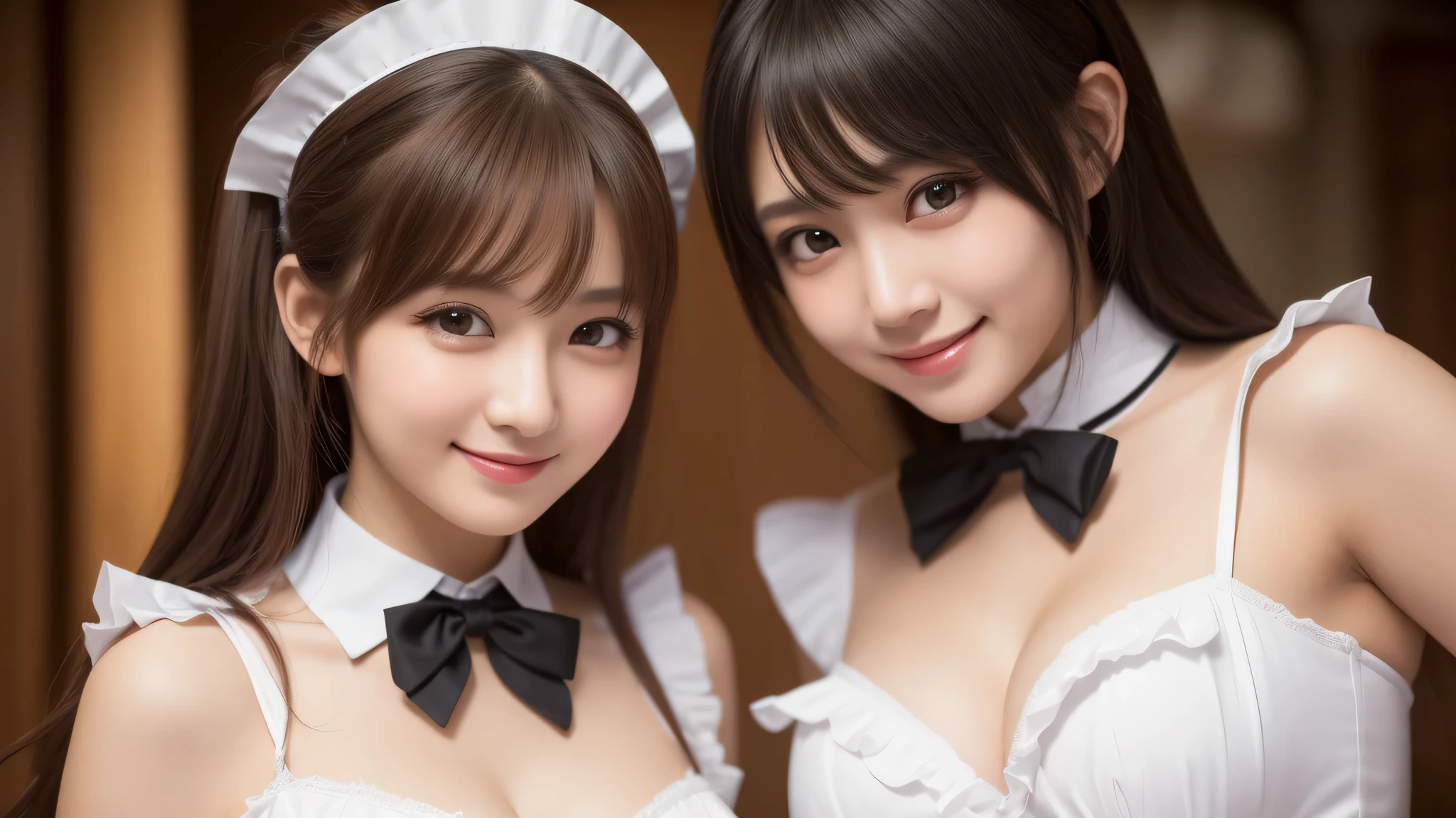 (2girl:1.3), (cute smile:1.2), (extremely detailed beautiful face), (highly detailed eyes, highly detailed face), (maid frill costume:1.2), Fresh, very clean appearance, (best Quality:1.4), (hyper-realistic, hight resolution), Professional Photography, standing, Indoor, (maid cafe), Close up portrait of girl, staring at me, cleavage, (Fine face:1.2),