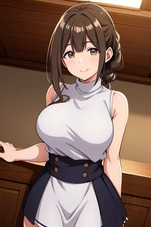 ((highest quality)), ((masterpiece)), (detailed),(One girl), (alone), (Focus on women), Focus on the face,white sleeveless turtleneck (sweater) dress, shiny skin, cowboy shot, standing,seductive smile, make out,POV,zettai ryouiki,long skirt,