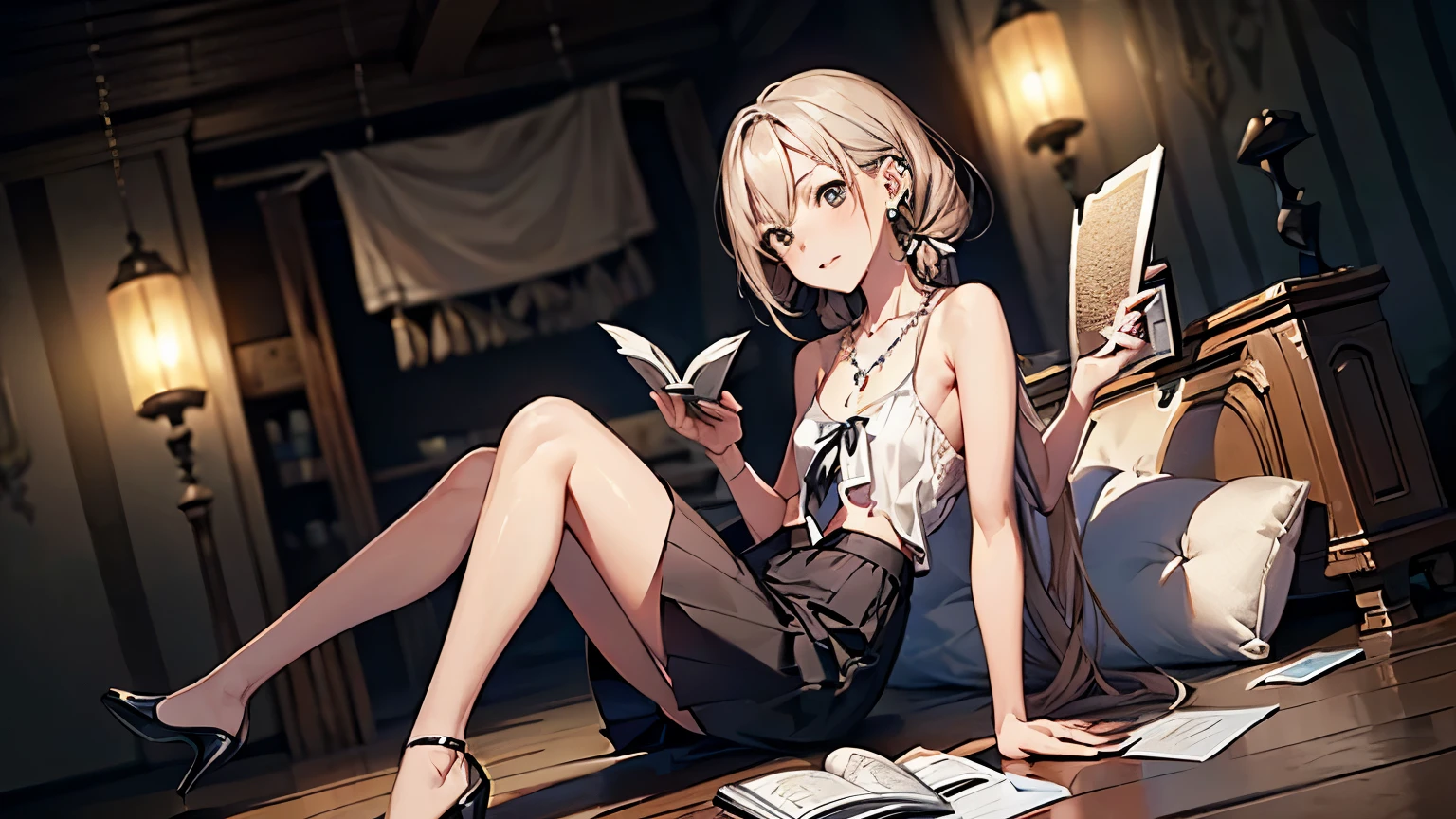 ((Biologically correct limb count))、(( Full-body photo including face))、4K、masterpiece、((Symmetrical facial features))、Eye for detailed depiction、Beautiful woman、Excellent style、Beautiful clavicle、Beautiful feet、Beautiful Hands、Slender body、(Small Ass、Thin thighini skirt、(High heels)、Facial detailing、Small earrings、necklace、Glancing sideways、tie、Great background、Low Angle、Sitting and reading a book