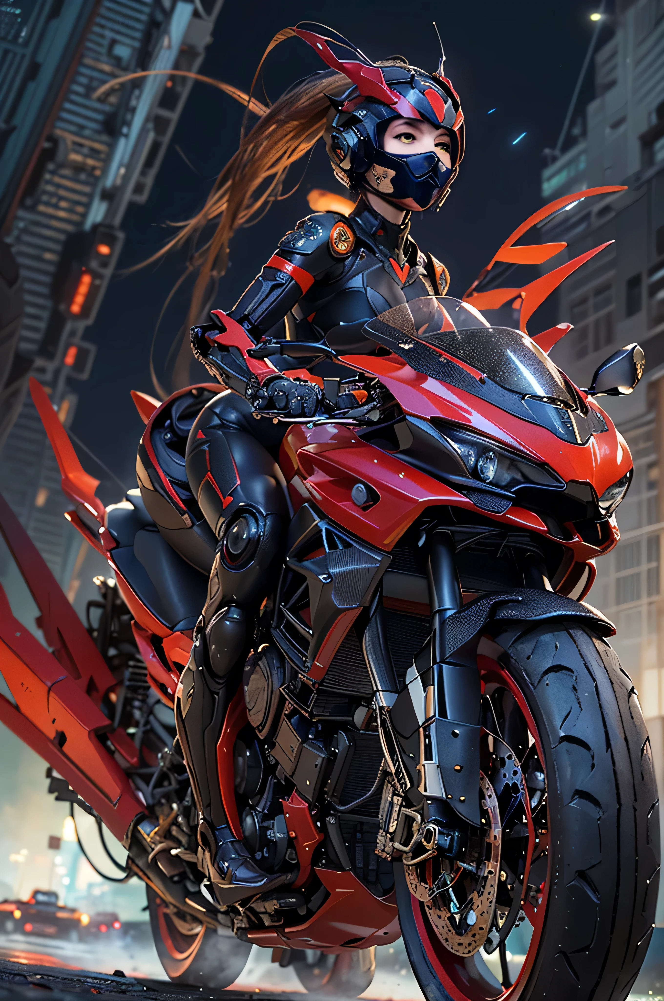 (RAW quality:1.4), masterpiece, highest quality, High resolution, dark_Fantasy, cyber punk, (Sword Weapons,red:1.1),1 person, Japanese women, ************, mechanical,Robotic presence,Cybernetic Guardian, darkness, Night city background, at night, cyber punk mecha humanoid black and red  is riding  a futuristic Ducati Panigale V4 race motorcycle on a mountain road at night, Realistic Style, Inspired by Blade Runner, Dark and dramatic lighting, Red and Black Theme, Central curve composition, Rear view. (An ultra-fine masterpiece:1.5), (beautifuly intricate:1.5), (highest quality:1.5), (beautiful + beautiful + Harmonious:1.5), (Highly detailed face, Ultra-detailed eyes, Highly detailed mouth, Super-detailed body, Very fine needles, Very elaborate clothing, Ultra-detailed landscapes:1.5), (Sharpen details:1.2), Blurred Background, Shallow subject depth,