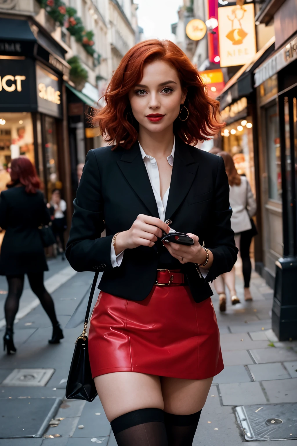 Spectacular red-haired woman, wearing mini skirt, stockings, with fiery curls, falling on the shoulders, wanders the bustling streets of Paris. Her bright red lips curve into a charming smile, when she window-shops at high-end fashion boutiques, tailored black blazer, combined with a snow-white blouse. Her eyes, charming shade of emerald green, shimmers with excitement, looking through the latest fashion magazines. Her shopping bag, filled with the latest Parisian fashion trends, hanging from her hand. Scene takes place at 9:aspect ratio 16, breathtaking
