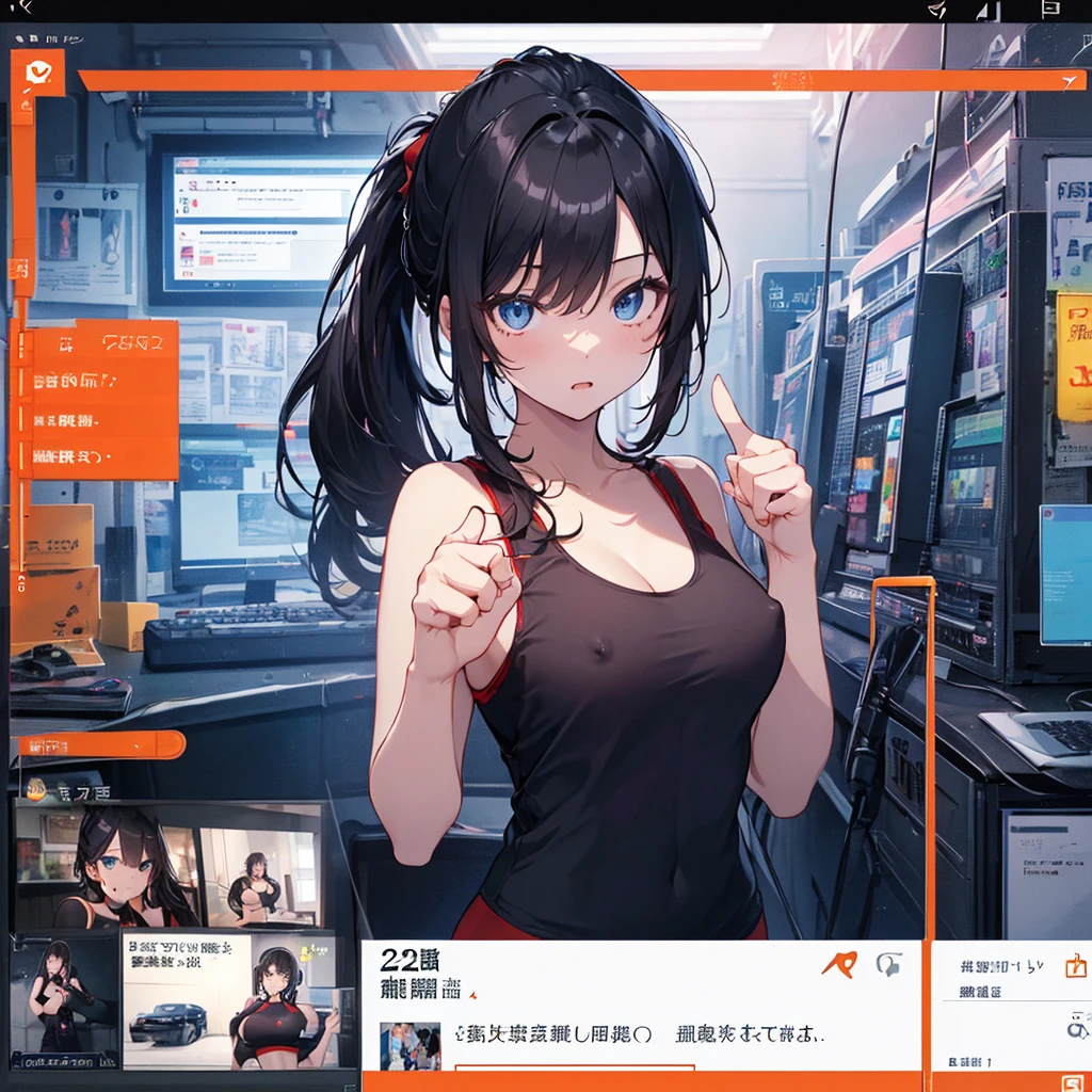 最high quality、Best image quality、masterpiece、With a girl((cute、22 years old、Best Bust、Large Breasts、Beautiful Blue Eyes、Black hair ponytail、Slender、Red sports bra、Nipples are tagging、high quality、Beautiful art、indoor、evening、Exquisite design、Best lighting、Highest detail、8k、Upper Body、front、(((Finger pointing to bottom right corner of screen)))、