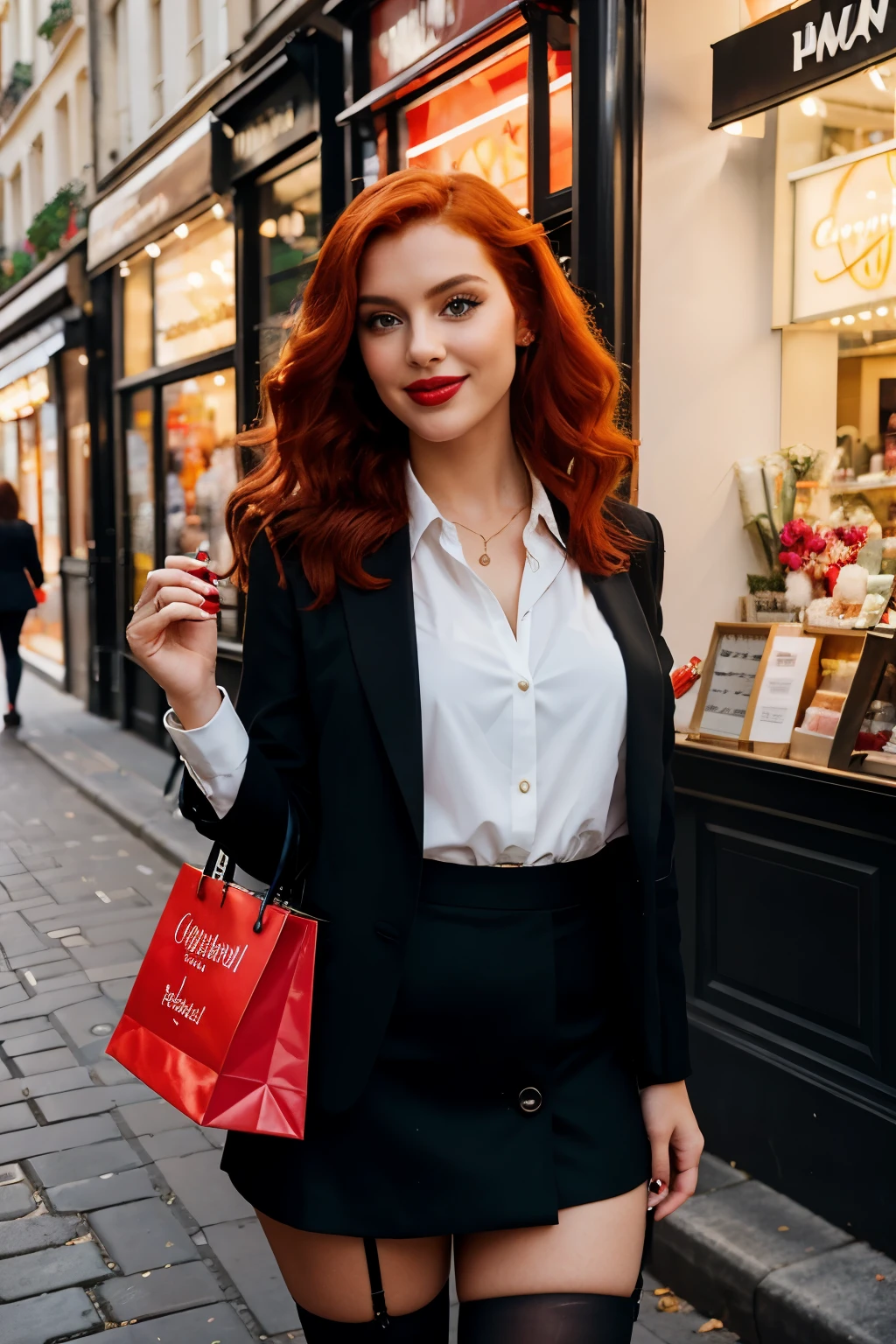 Spectacular red-haired woman, wearing mini skirt, stockings, with fiery curls, falling on the shoulders, wanders the bustling streets of Paris. Her bright red lips curve into a charming smile, when she window-shops at high-end fashion boutiques, tailored black blazer, combined with a snow-white blouse. Her eyes, charming shade of emerald green, shimmers with excitement, looking through the latest fashion magazines. Her shopping bag, filled with the latest Parisian fashion trends, hanging from her hand. Scene takes place at 9:aspect ratio 16, breathtaking, full body photo, heels