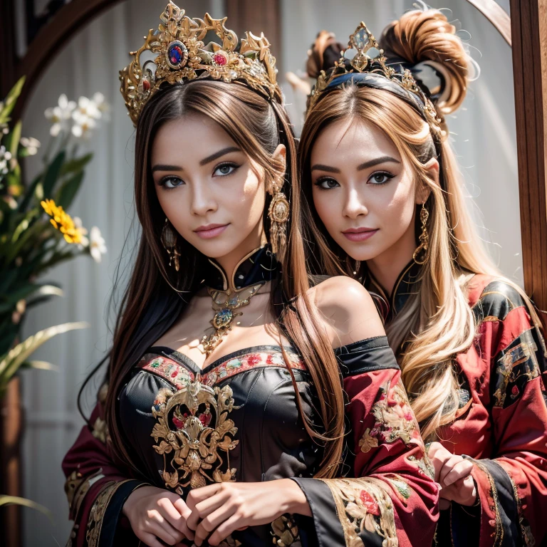 bestquality，master-piece，High resolution with high detail，（brilliant：1.4），raw photograph，，optical illusion，1girle，（Solo exhibitions：1.2），（cowboy lens：1.2），（Hair crown：1.2），Traditional costumes of Dunhuang, china，strapless，（red eyeliner：1.2），（Black eyes：1.4），earings，dynamic angle，entertainment，messy_long_hair，ink，cinematic light，lanelare，Velvet，chrysanthemum，tassels，ribbons，Colorful embroidery，upper half body，Facing the lens，Dynamic Poses，large，Embroidered shoes