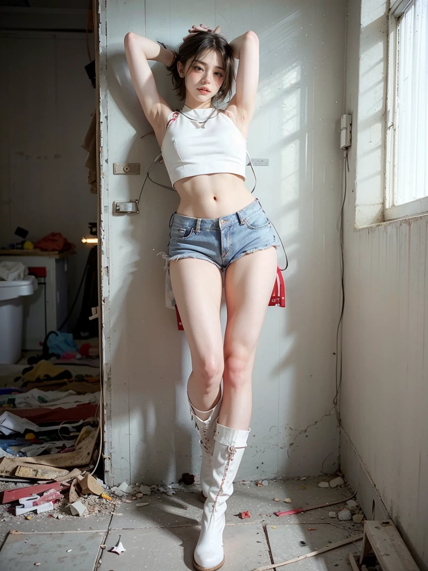 masterpiece,highest quality,High resolution,Full Body View,White jacket,Red innerwear,Belly button,Belted denim mini shorts,The heroine in white cowboy boots,Perfect Legs,Perfect Skin,Perfect Arms,Abdominal muscles,The background is an abandoned factory, short hair, naked portrait, nude photography, shiny nipple, show armpit