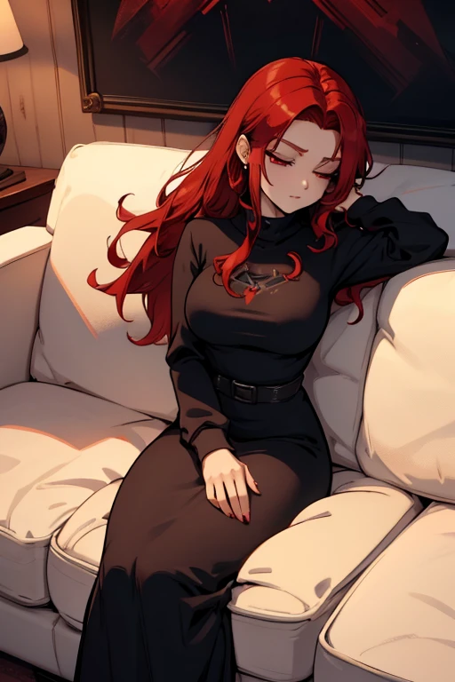 A red haired woman with red eyes with an hour glass figure in a sweatshirt dress is sleeping on a couch