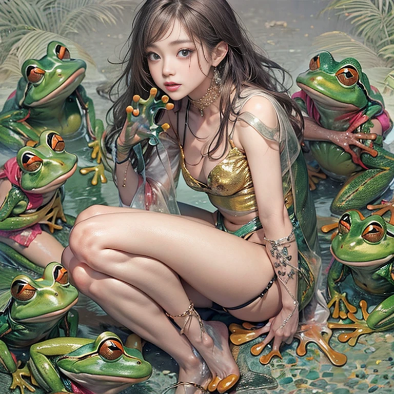 The upper body of a transcendentally beautiful young woman(A hybrid creature with the lower body of a frog:1.7)、Squats with wide legs open、Big Breasts、Full Body Portrait、grotesque、Dark fantasy、Sticky、