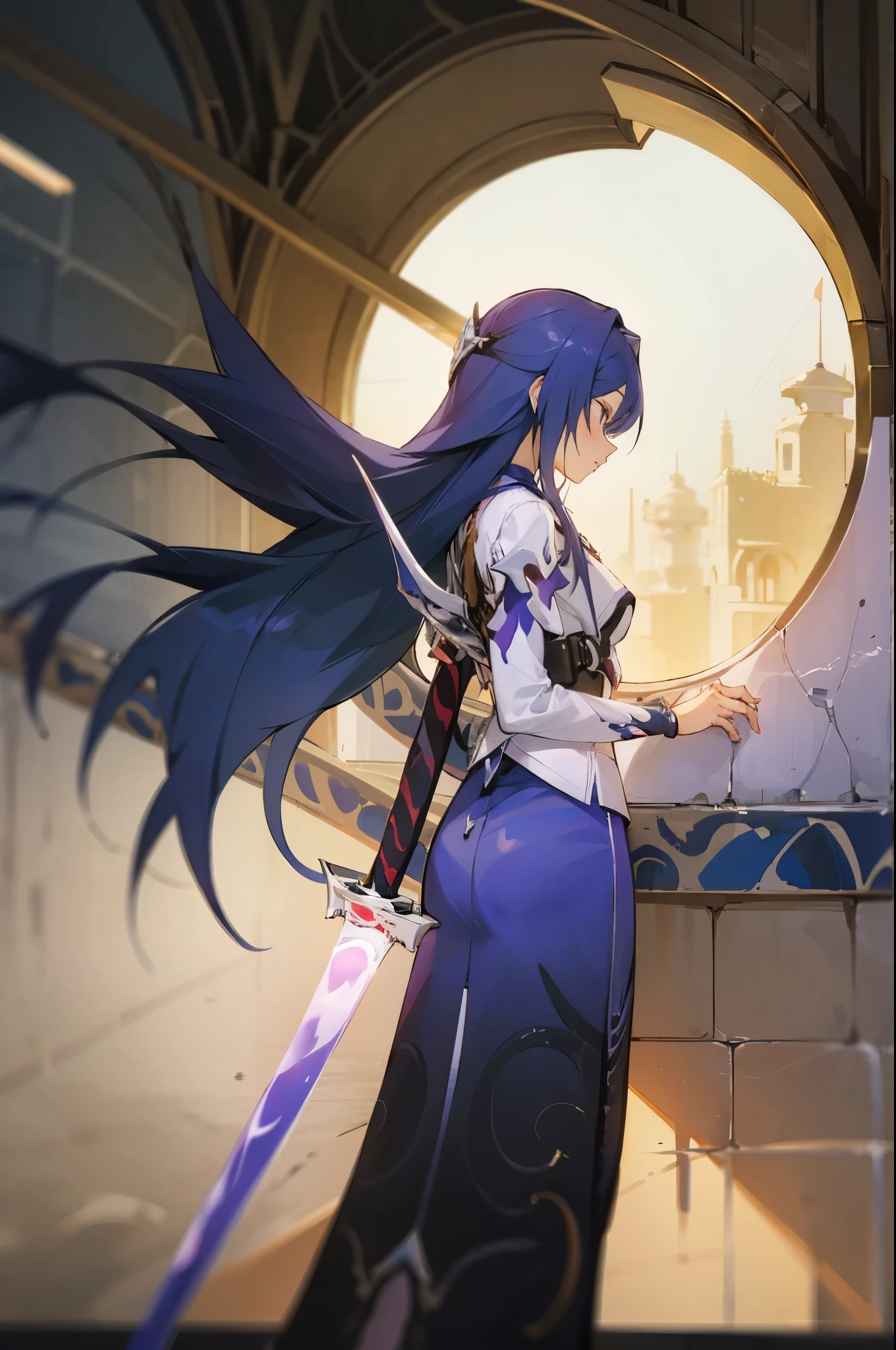 Very detailed, Masterpiece, 1 girl, ((leaning against a wall)), fantasy city, sword on hip, from side, back to wall, sidewalk, dress, long blue hair, white shirt, holding a peach, calm, 