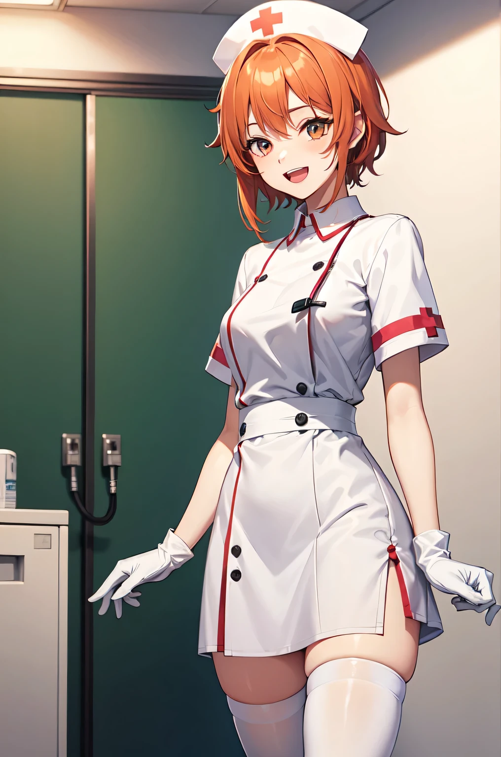 1girl, solo, nurse, nurse cap, white nurse uniform, ((white legwear, zettai ryouiki)), white gloves, very short hair, orange hair, smile, open mouth, standing, ((hospital room)), sharp outline, short sleeves, tomboy, boyish, best quality, masterpiece