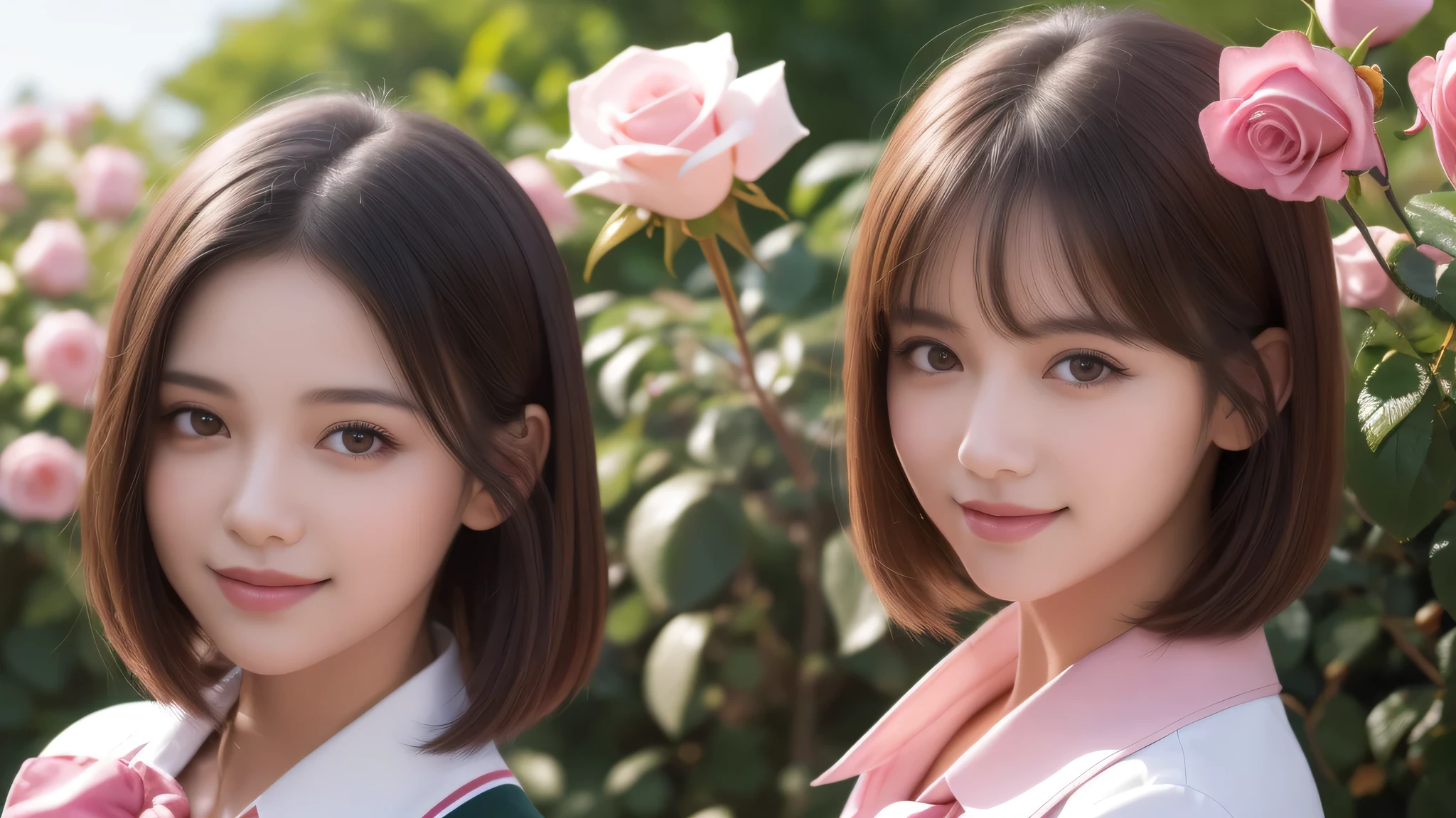 (2girl), bob hair, refreshing smiles, (high school uniform), (Best Quality:1.4), Realistic, extremely detailed CG unified 8k wallpaper, highly detailed, High-definition raw color photos, professional photography, Realistic portrait, Beautiful detailed, (Fine face:1.2), Close up portrait of girl, Outdoors, Beautiful scenery, clear skies, (pink Rose flowers, rose garden, lots of pink roses:1.2)