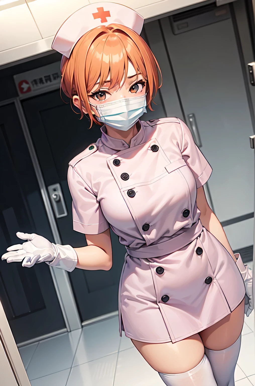 1girl, solo, nurse, nurse cap, white nurse uniform, ((white legwear, zettai ryouiki)), white gloves, very short hair, orange hair, ((white surgical mask, covered nose)), standing, ((hospital room)), sharp outline, short sleeves, tomboy, boyish, best quality, masterpiece