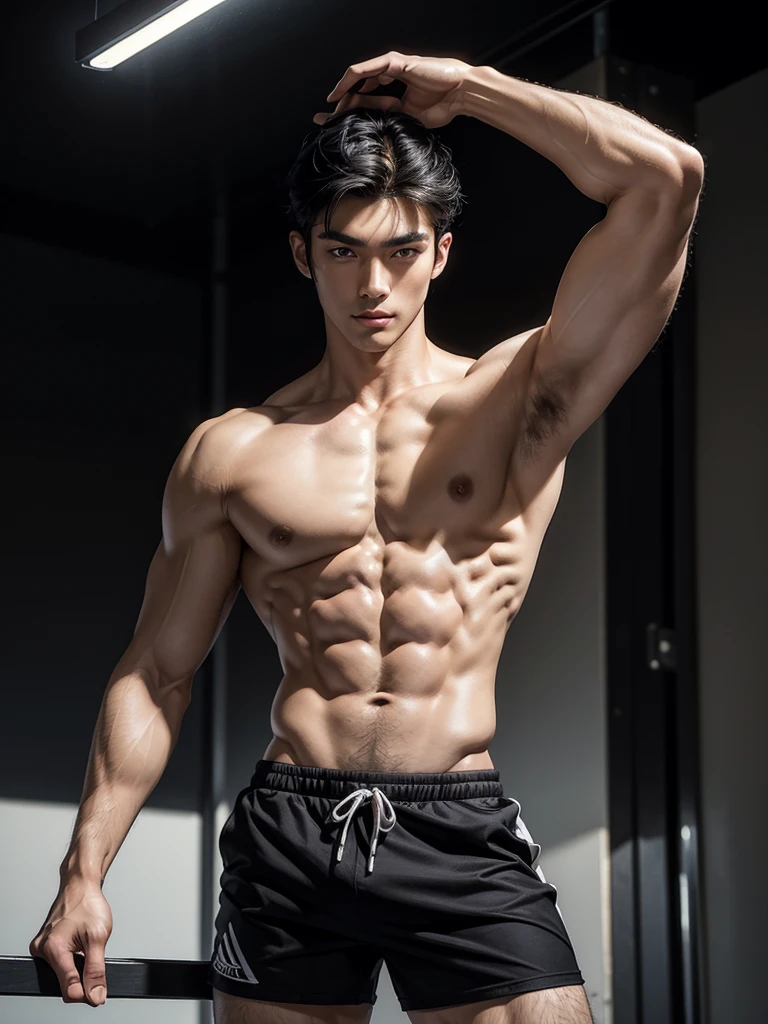 Masterpiece, Best Quality, Solo, Asian Model Men, muscular, white skin, lifted arms, spread legs, wearing black shorts, studio background, standing, hard lighting, Natural eyes, Short and delicate black hair, Sexy Man, looking at the viewer, shirtless, Small plots, Muscular posture, pubes, (extremely handsome: 1.2), 8K, Ultra HD Resolution, night time