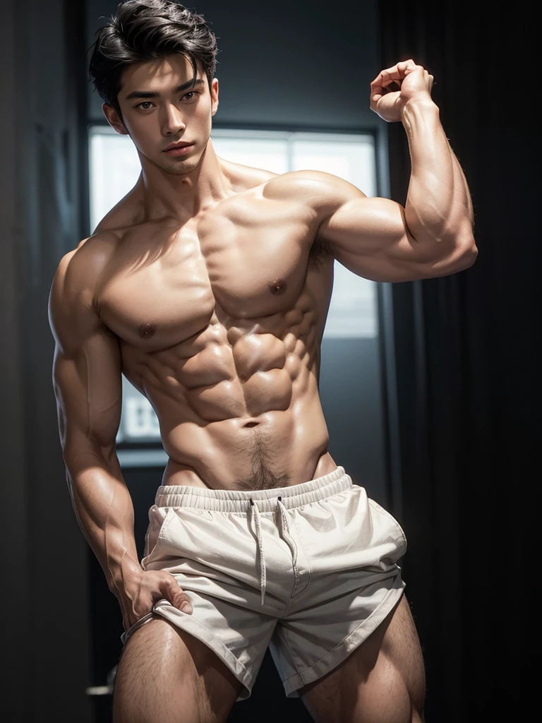 Masterpiece, Best Quality, Solo, Asian Model Men, muscular, white skin, lifted arms, spread legs, wearing black shorts, studio background, standing, hard lighting, Natural eyes, Short and delicate black hair, Sexy Man, looking at the viewer, shirtless, Small plots, Muscular posture, pubes, (extremely handsome: 1.2), 8K, Ultra HD Resolution, night time