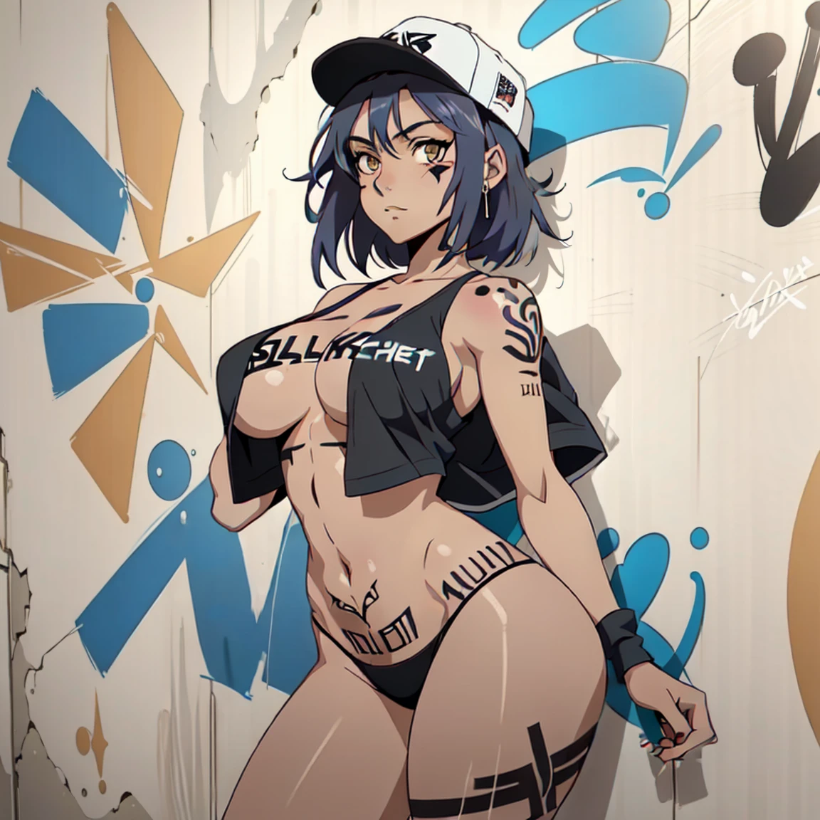 estilo anime, mujer grafitera, grafiti en la pared, desnuda contra la pared, gorra de lado, colores vivos, cabello rubio, buena figura, buenas curvas, tatuajes maxima calidad, ultra detallado, 8K, cuerpo entero, cowboy shot