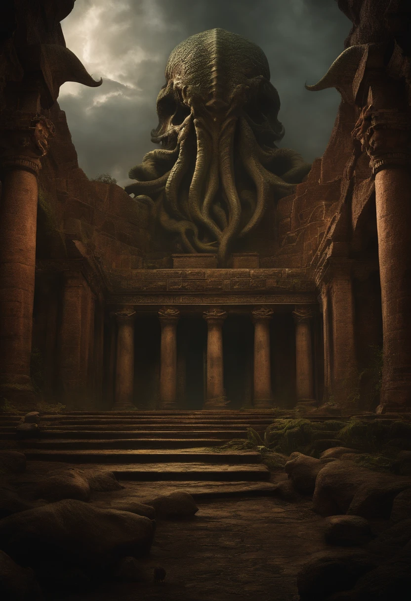 dark, Lovecraft, Cthulhu,an  ominous, Awe-inspiring, insanity, background,Sunken ancient temple ,nightmare, Living things,skull,dragon,Seven Eyes,rich