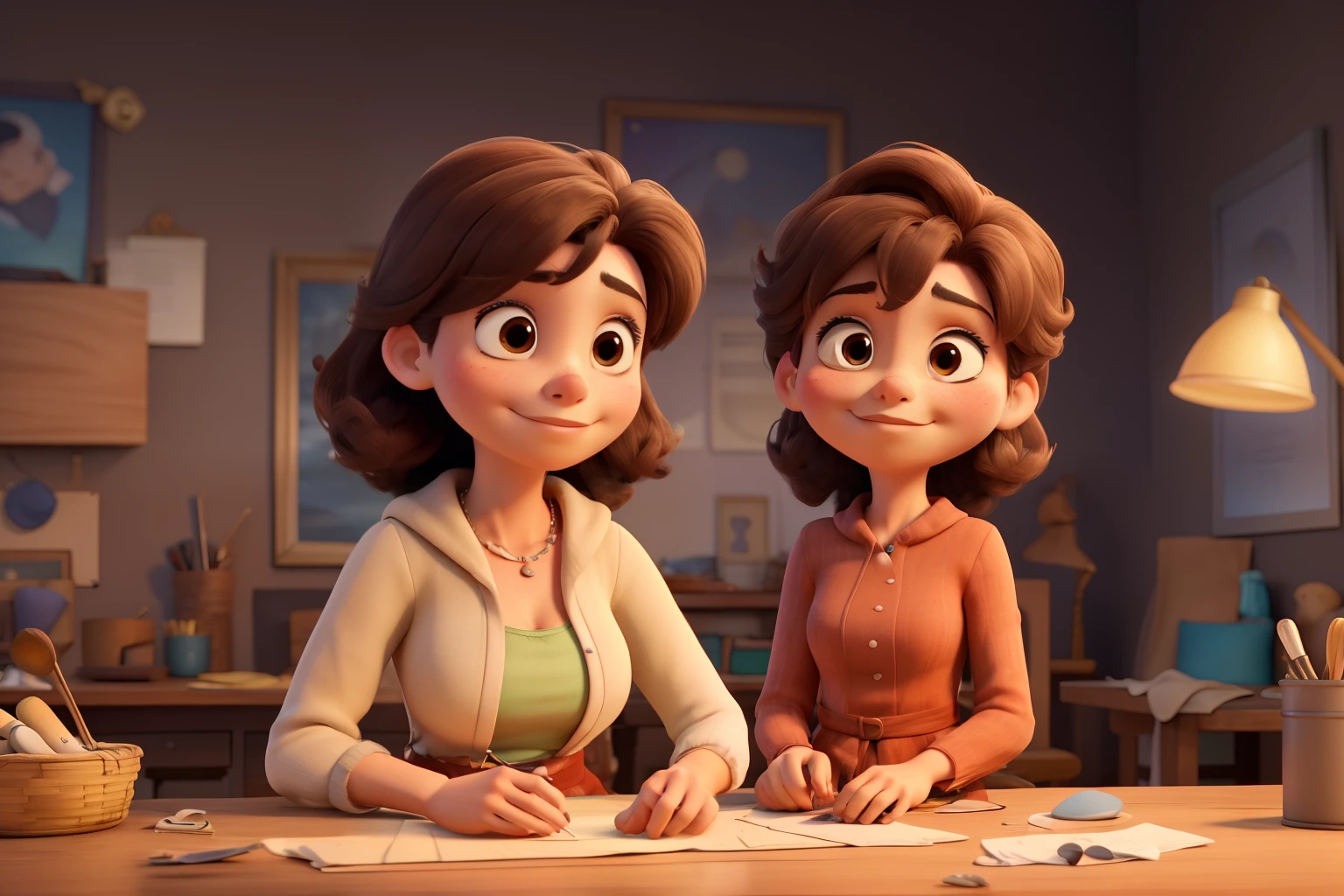 ((melhor qualidade)), ((obra de arte)), (detalhado), rosto perfeito
create 2D disney pix cartoon images of a mother sewing, with a very tired phase and brown hair