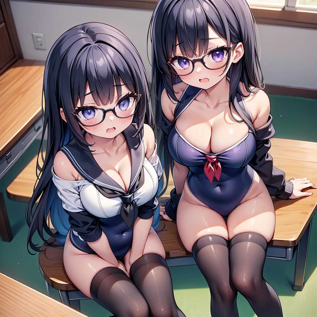 (cute eyes:1.2), (sparkling eyes:1.2), (8K、Best image quality、highest quality、masterpiece)、Detailed face、(2 girls)、Improve、(Black Hair, Purple Eyes, Glasses, long hair)、(open mouth), (embarrassed), (skinny body:1.3),(huge breasts), (off shoulder sailor swimsuit:1.2), (cleavage), (crop top navel), Sit on a chair, Classroom Background, (black stockings:1.1), (Thighs:1.1), (Waistline:1.1),(close-up shot of bust), (from above:1.2)