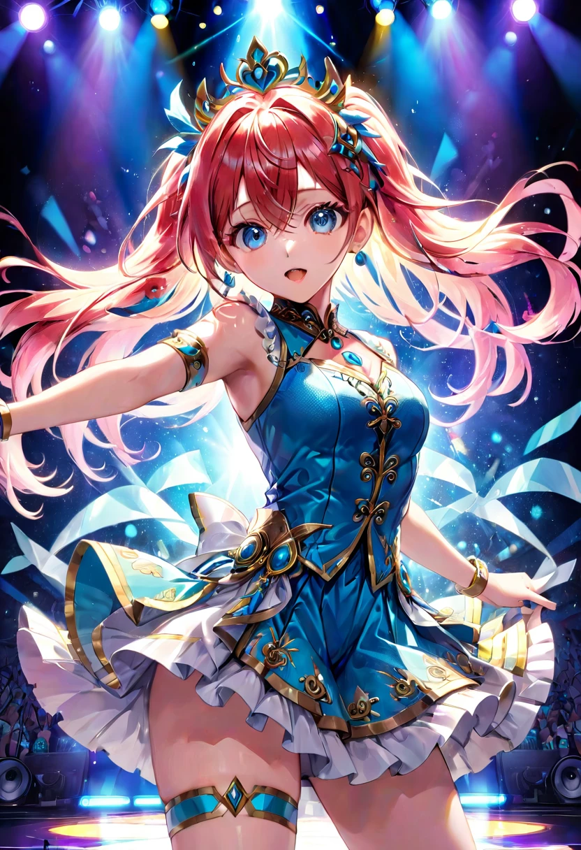 Idol girl in dress dancing on stage with confetti, maroon hair, purple eyes, Pixiv Contest Winner, conceptual art, nightcore, splash art anime loli, sparkling magical girl, best anime 4k konachan wallpaper, anime moe art style, Detailed key anime art, official artwork, idolmaster, Cute, Cute in dress、Hands up、jumpping