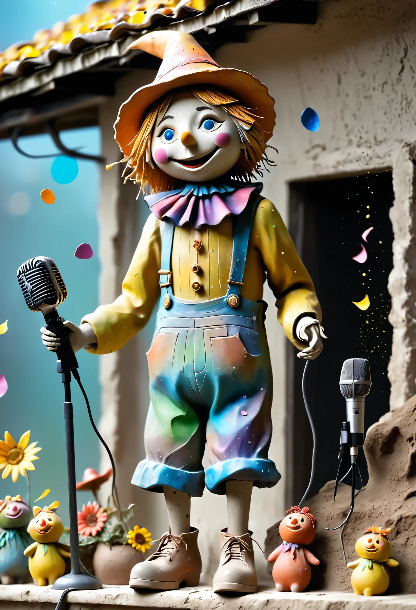 (best quality:1.2),ultra-light Clay, Clay, Pottery, distressed, dirty, mineral pigments, 3D Clay sculpture art, Clay sculpture, Rough surface, (artwork,There are several singing scarecrows standing on the eaves。microphone,Long legs,Interesting concept art,),spotlight,Colorful confetti in the air,Bokeh,