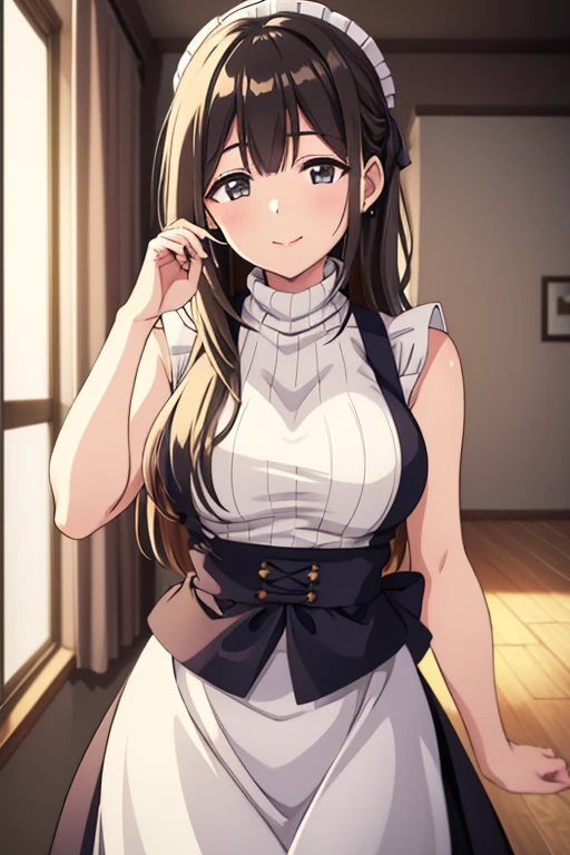 ((highest quality)), ((masterpiece)), (detailed),(One girl), (alone), (Focus on women), Focus on the face,white sleeveless turtleneck (sweater) dress, shiny skin, cowboy shot, standing,seductive smile, make out,POV,long skirt,apron,