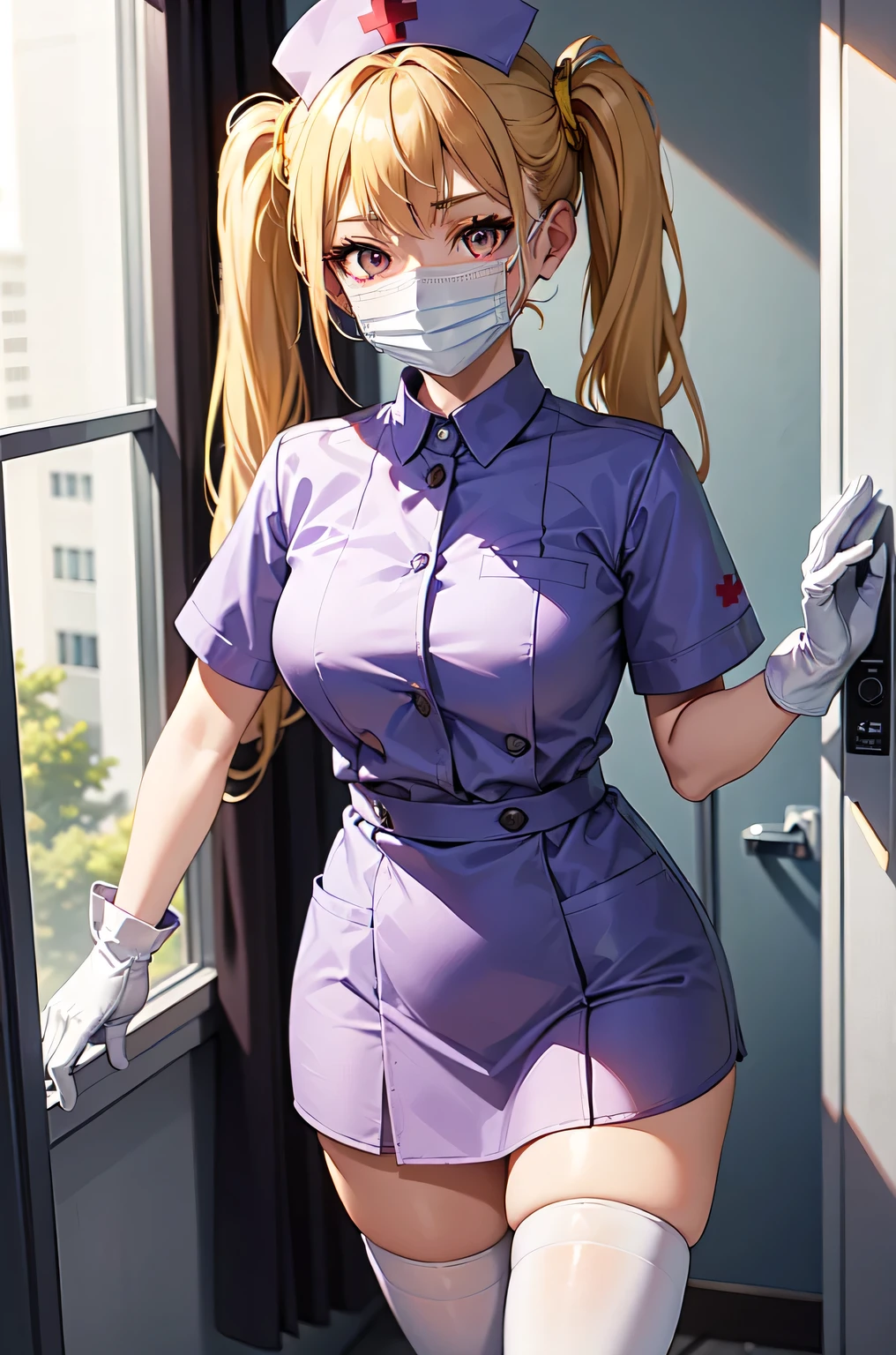 1girl, solo, nurse, nurse cap, white nurse uniform, ((white legwear, zettai ryouiki)), white gloves, twintails, yellow hair, purple eyes, ((white surgical mask, covered nose)), standing, ((hospital room)), sharp outline, short sleeves, best quality, masterpiece