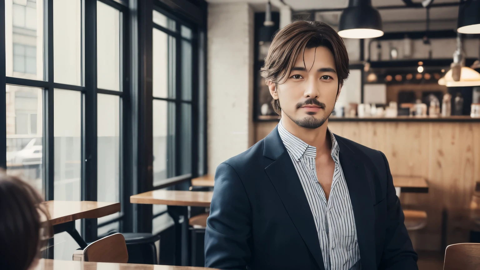 musician、Refreshingly handsome man in his 40s、（Super cool S-class boys）、Japanese male, 40 years old、、Photographed inside the cafe、a handsome guy、（CG Unity 8K high resolution photo）、（Very detailedＳA handsome guy in class）、（Photorealistic）、（highest quality））、Very detailed、super high quality、expensive、Audience、kind person、Very beautiful hair　Perm Hair、Bright photo、Handsome like a model、Handsome like an idol、looking at the camera、Inside a stylish cafe、Stubble