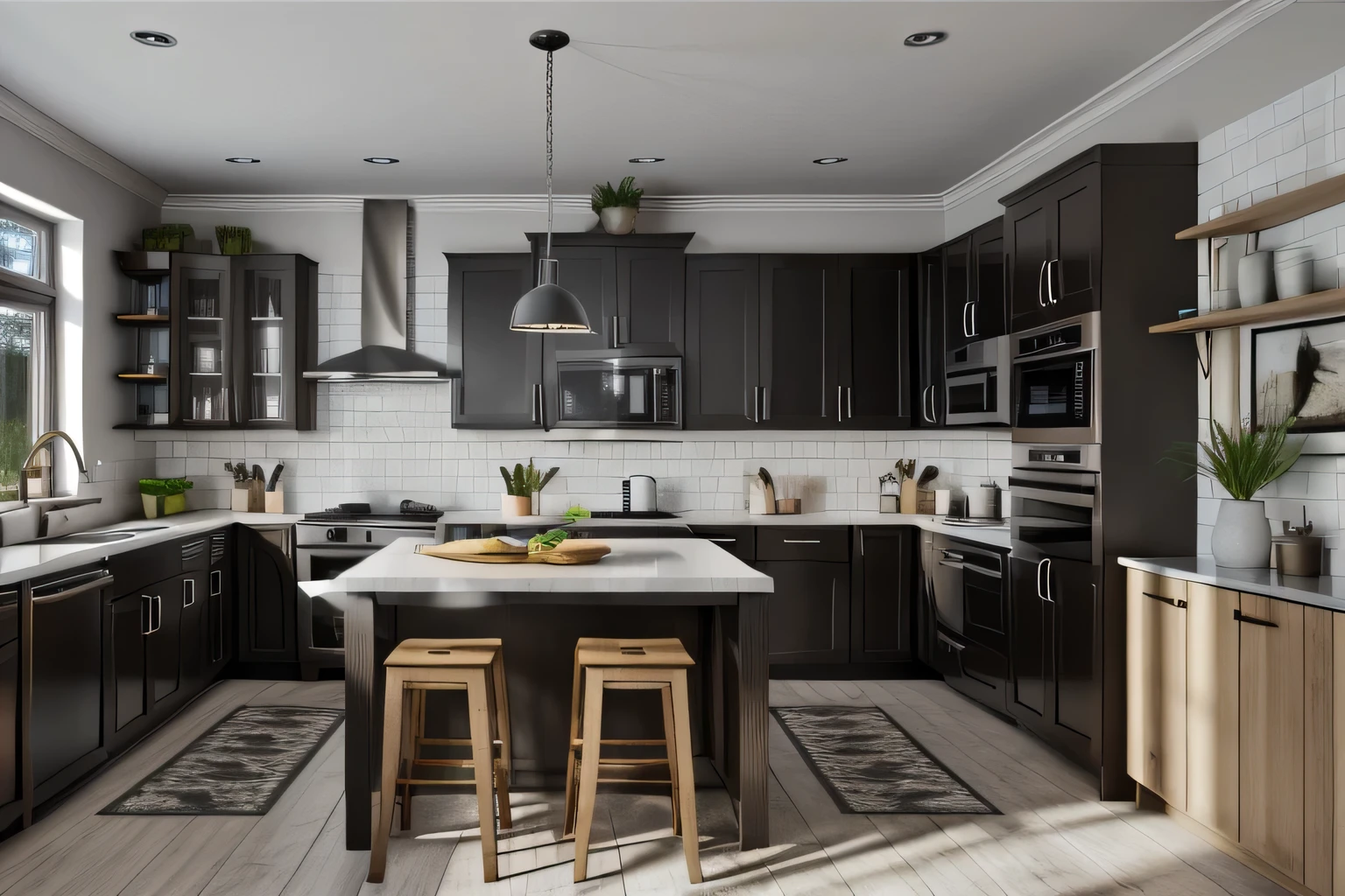 interior, a kitchen with a table and chairs and a wine rack in the middle of the room with a window, Dahlov Ipcar, vray render, a 3D render, photorealism
interior, food, indoors, no humans, window, chair, table, plant, scenery, plate, shelf, kitchen, frying pan, sink, stove
Dive into the ultra-detailed 8k masterpiece, carefully crafted with photorealistic precision of 1.37 ratio, all in the essence of Nayuta Nordic Modern Interior Design. Art form: Photography. Inspired by the techniques of Annie Leibovitz, the kitchen showcases professional lighting, a scenery where the play of radiosity brightens the room. A stove with a frying pan, a gleaming refrigerator beside tiles and cabinet, a sink with a faucet overlooking a tile wall. On the shelf, there's a spatula, a chair nearby with a plant and some food in a jar. Lens: 35mm. The room basks in a warm color temperature. Perfectly illuminated with ray tracing and the best shadows using physically-based rendering 