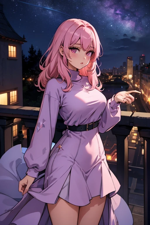 A pink haired woman with violet yes with an hour glass figure in a sweatshirt dress is standing on a balcony underneath a starry sky