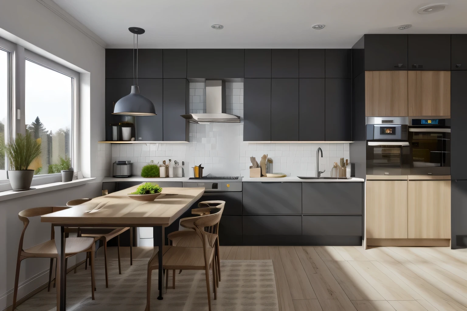 interior, a kitchen with a table and chairs and a wine rack in the middle of the room with a window, Dahlov Ipcar, vray render, a 3D render, photorealism
interior, food, indoors, no humans, window, chair, table, plant, scenery, plate, shelf, kitchen, frying pan, sink, stove
Dive into the ultra-detailed 8k masterpiece, carefully crafted with photorealistic precision of 1.37 ratio, all in the essence of Nayuta Nordic Modern Interior Design. Art form: Photography. Inspired by the techniques of Annie Leibovitz, the kitchen showcases professional lighting, a scenery where the play of radiosity brightens the room. A stove with a frying pan, a gleaming refrigerator beside tiles and cabinet, a sink with a faucet overlooking a tile wall. On the shelf, there's a spatula, a chair nearby with a plant and some food in a jar. Lens: 35mm. The room basks in a warm color temperature. Perfectly illuminated with ray tracing and the best shadows using physically-based rendering 